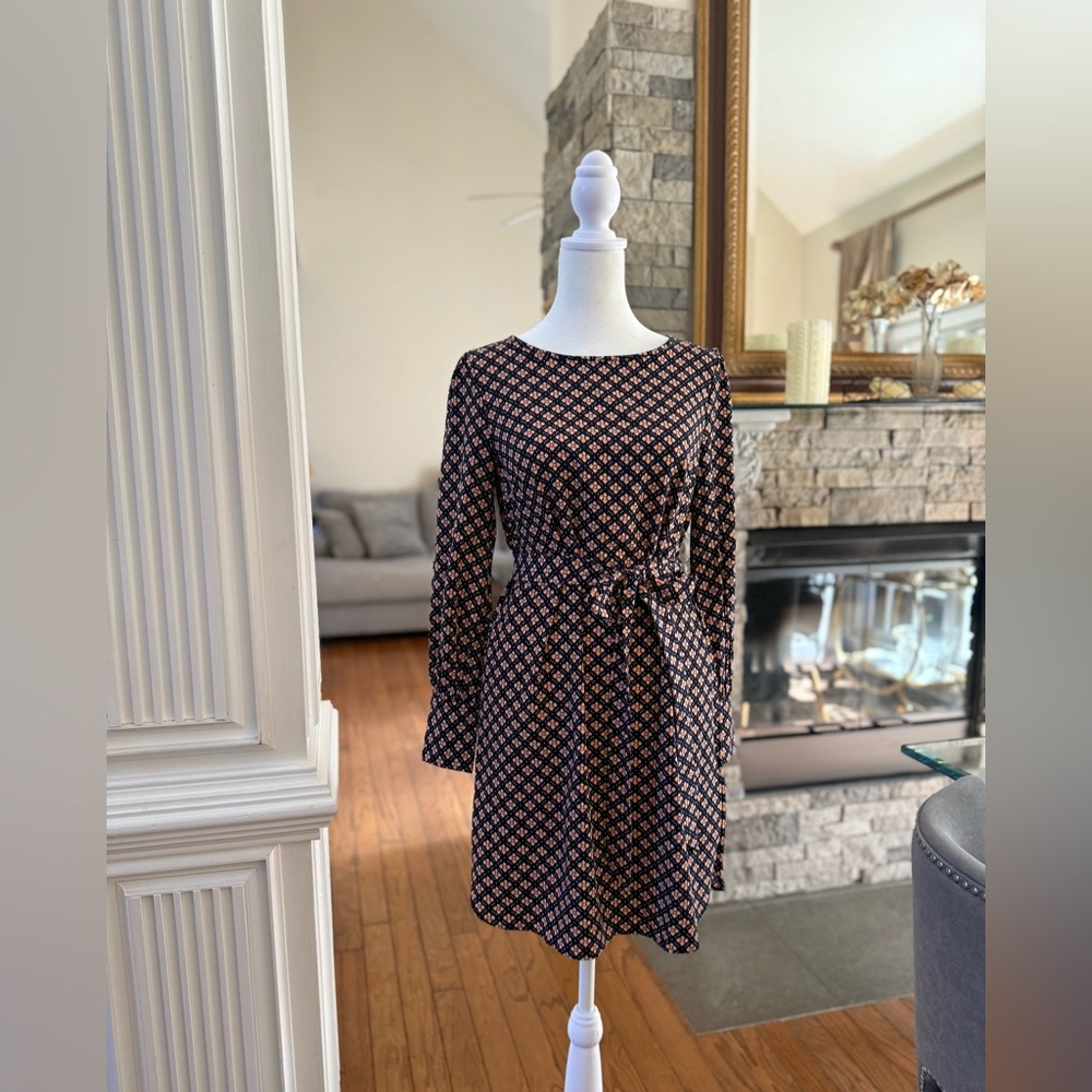 LOFT Navy and Pink Belted Geometric Long Sleeve Dress